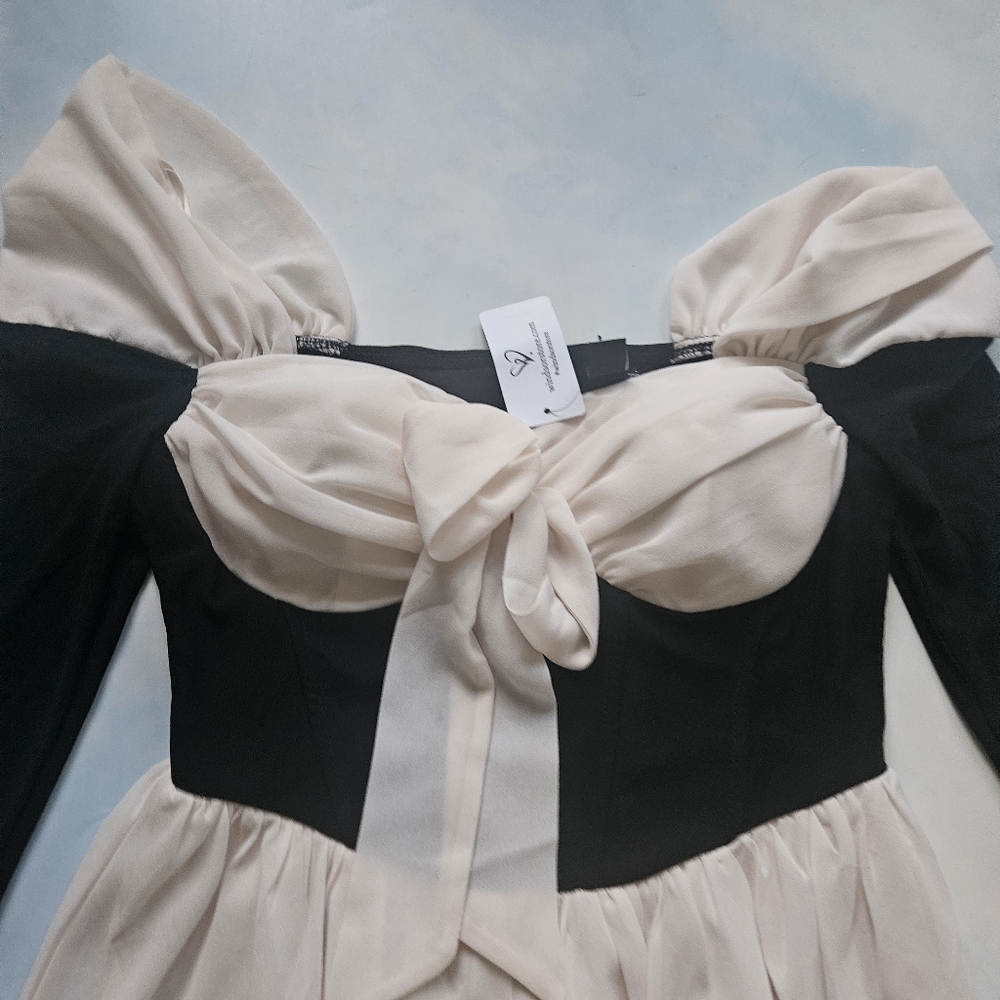 Coquette Black & Cream Off-Shoulder Dress Chiffon Feminine Mini Dress - Picture 5 of 16